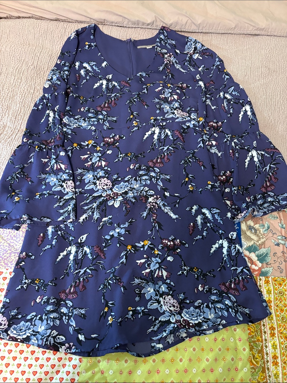 LOFT Navy Blue Floral Long Sleeve Dress